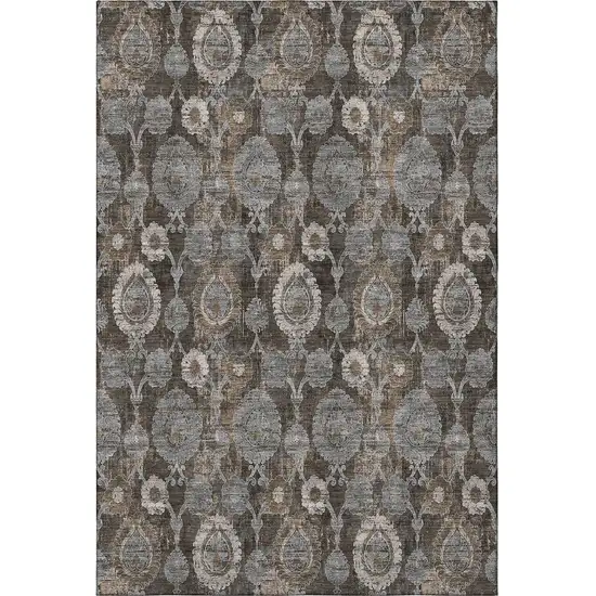 Chocolate Beige And Gray Damask Washable Area Rug With UV Protection Photo 4