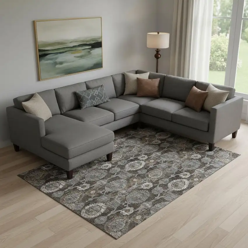 Chocolate Beige And Gray Damask Washable Area Rug With UV Protection Photo 1