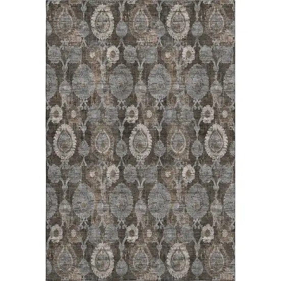 Chocolate Beige And Gray Damask Washable Area Rug With UV Protection Photo 1