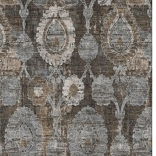 Chocolate Beige And Gray Damask Washable Area Rug With UV Protection Photo 3