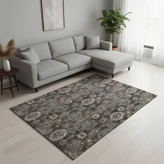 Chocolate Beige And Gray Damask Washable Area Rug With UV Protection Photo 2