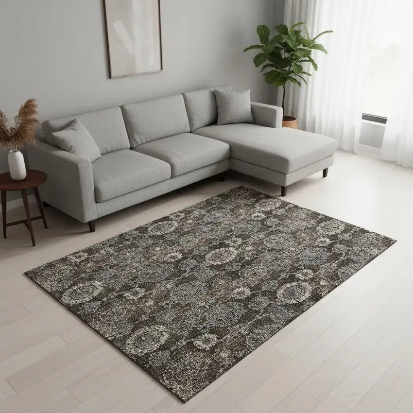Chocolate Beige And Gray Damask Washable Area Rug With UV Protection Photo 2