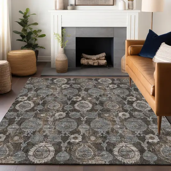 Chocolate Beige And Gray Damask Washable Area Rug With UV Protection Photo 6