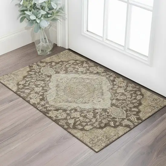 Chocolate Beige And Gray Floral Medallion Washable Area Rug With UV Protection Photo 2