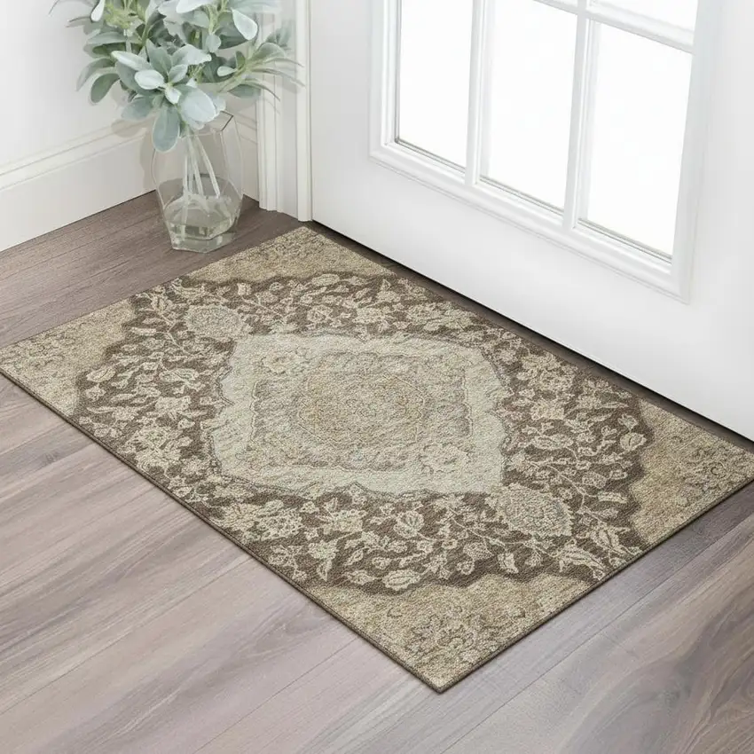 Chocolate Beige And Gray Floral Medallion Washable Area Rug With UV Protection Photo 2