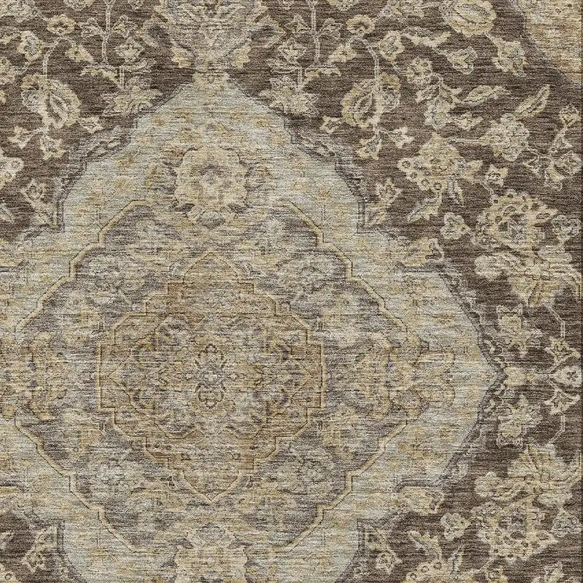 Chocolate Beige And Gray Floral Medallion Washable Area Rug With UV Protection Photo 2