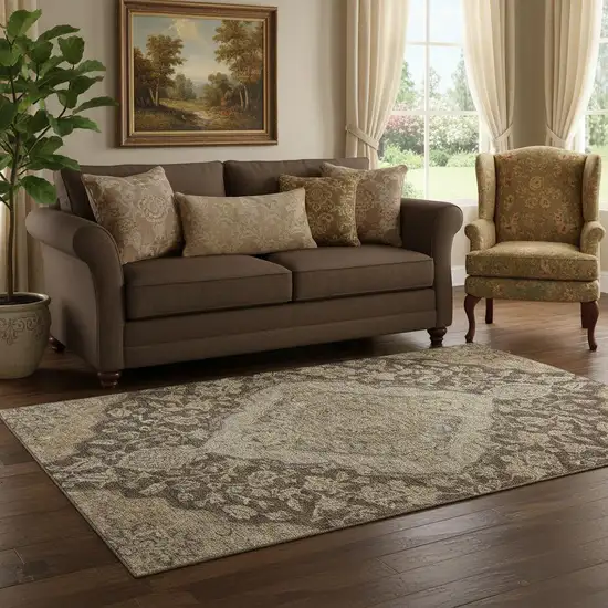 Chocolate Beige And Gray Floral Medallion Washable Area Rug With UV Protection Photo 2