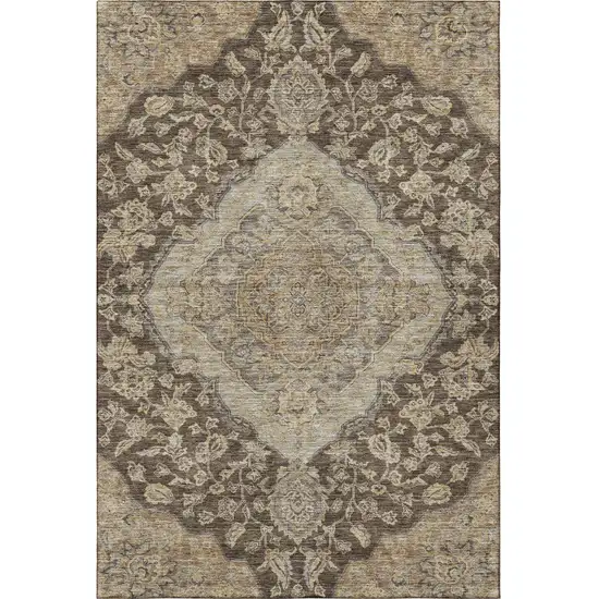 Chocolate Beige And Gray Floral Medallion Washable Area Rug With UV Protection Photo 3