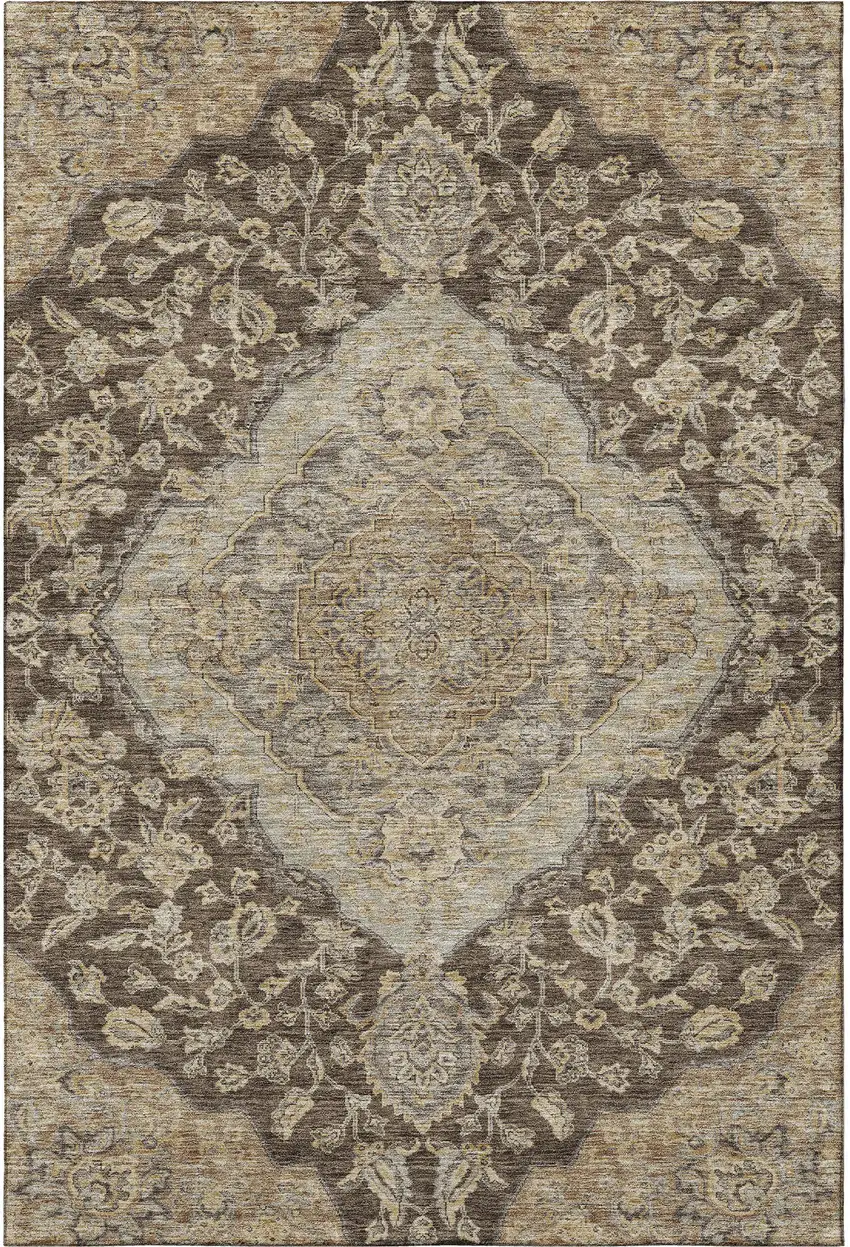 Chocolate Beige And Gray Floral Medallion Washable Area Rug With UV Protection Photo 3