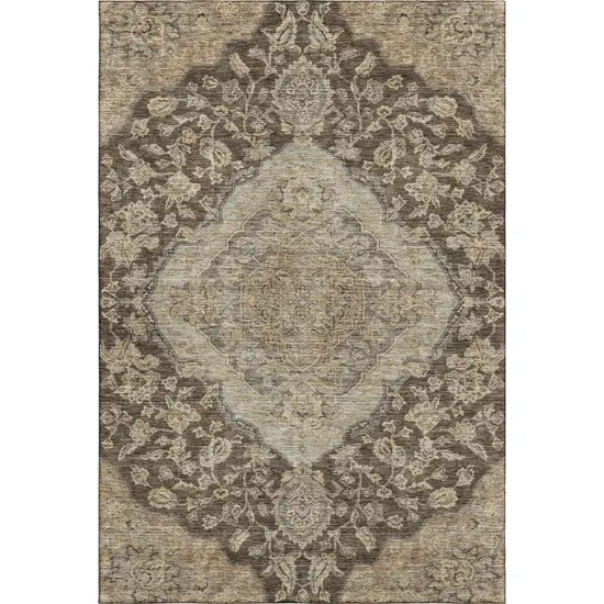 Chocolate Beige And Gray Floral Medallion Washable Area Rug With UV Protection Photo 1