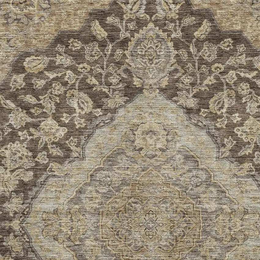 Chocolate Beige And Gray Floral Medallion Washable Area Rug With UV Protection Photo 2