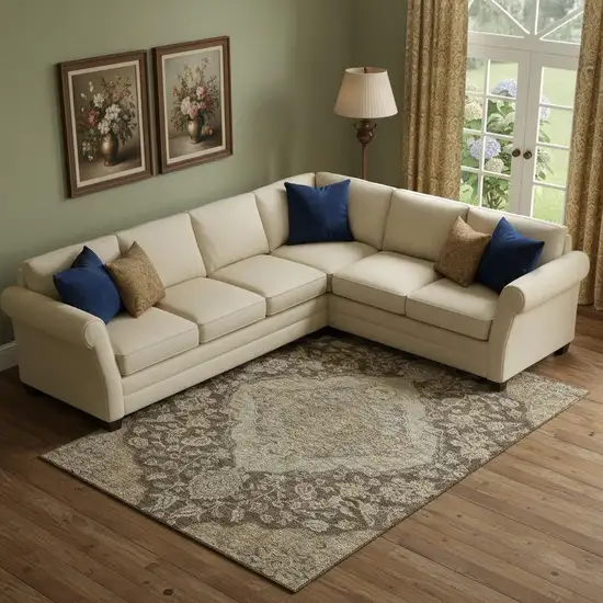 Chocolate Beige And Gray Floral Medallion Washable Area Rug With UV Protection Photo 2