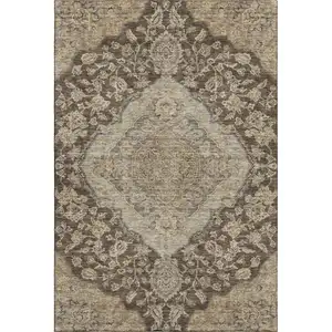 Photo of Chocolate Beige And Gray Floral Medallion Washable Area Rug With UV Protection