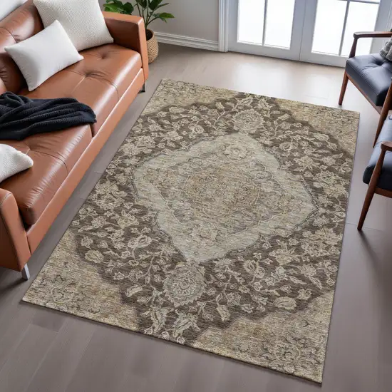 Chocolate Beige And Gray Floral Medallion Washable Area Rug With UV Protection Photo 5