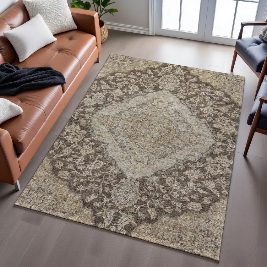 Chocolate Beige And Gray Floral Medallion Washable Area Rug With UV Protection Photo 5