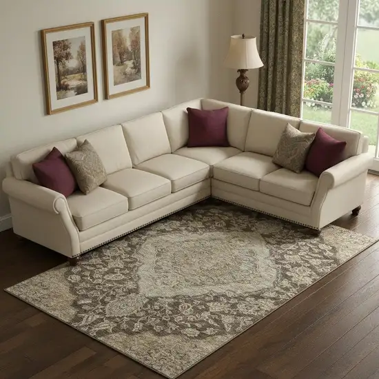 Chocolate Beige And Gray Floral Medallion Washable Area Rug With UV Protection Photo 2