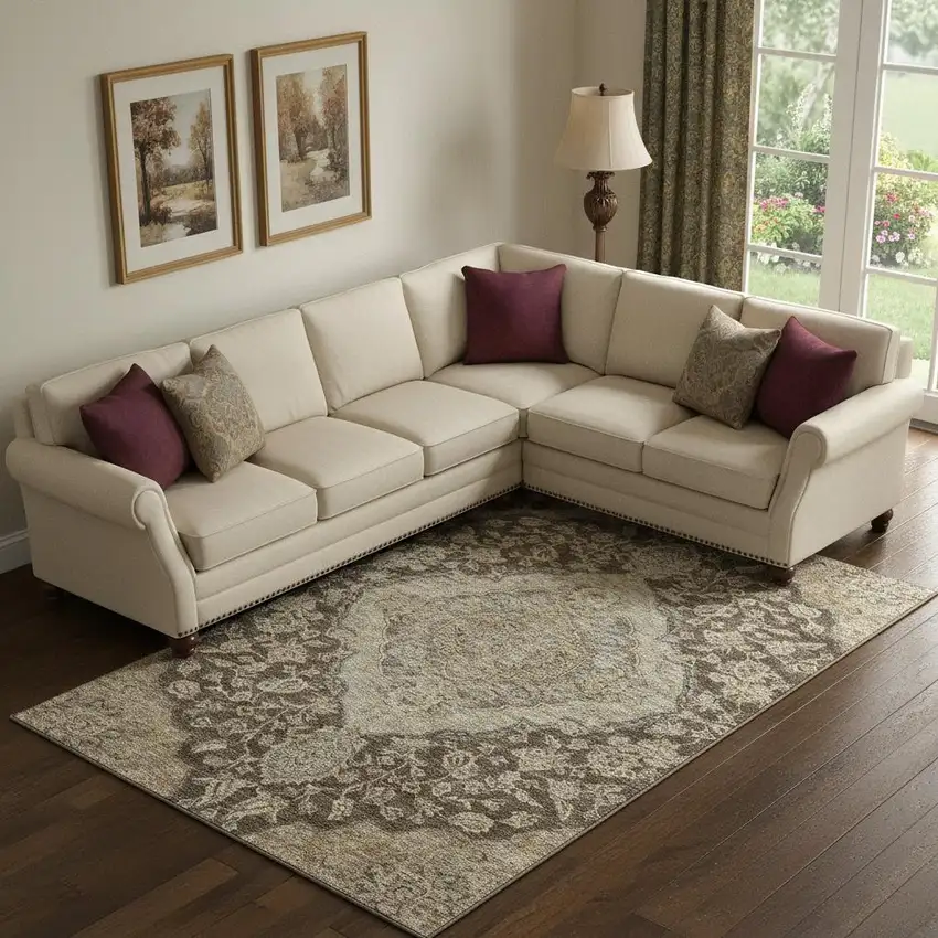 Chocolate Beige And Gray Floral Medallion Washable Area Rug With UV Protection Photo 2