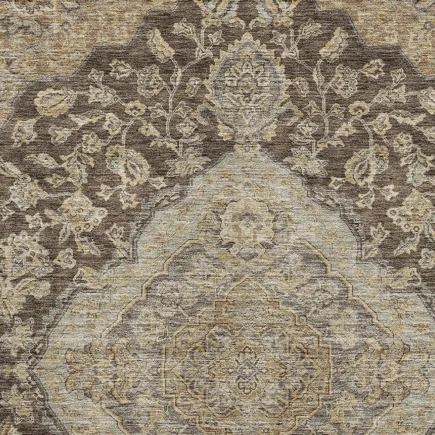 Chocolate Beige And Gray Floral Medallion Washable Area Rug With UV Protection Photo 3