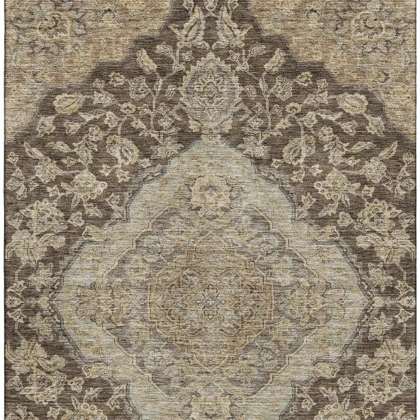 Chocolate Beige And Gray Floral Medallion Washable Area Rug With UV Protection Photo 3
