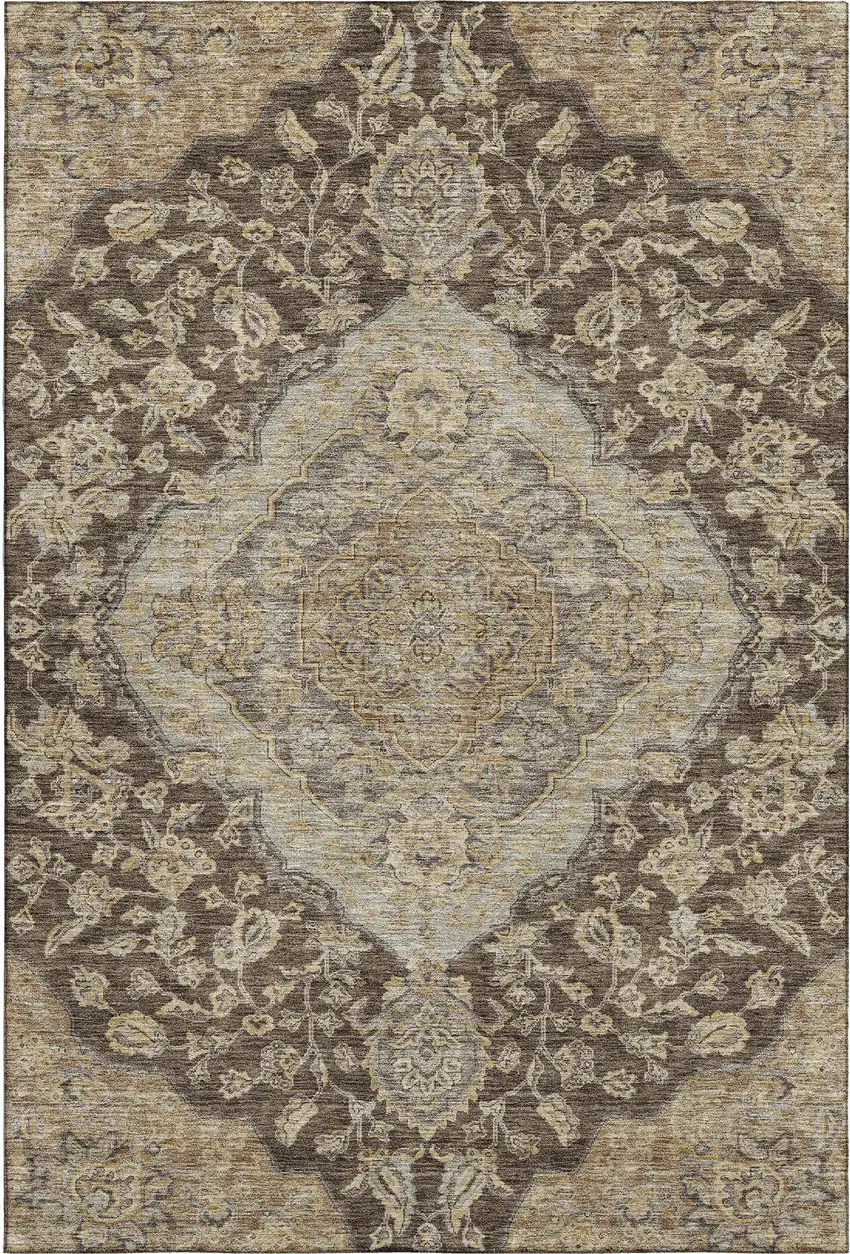 Chocolate Beige And Gray Floral Medallion Washable Area Rug With UV Protection Photo 1