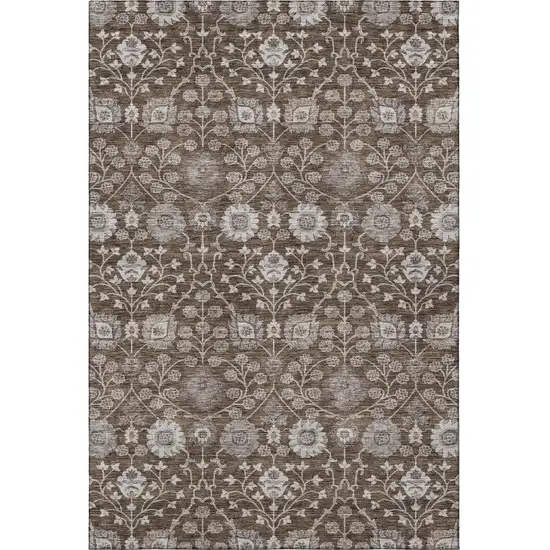Chocolate Beige And Gray Floral Washable Area Rug With UV Protection Photo 3