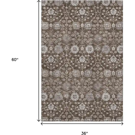 Chocolate Beige And Gray Floral Washable Area Rug With UV Protection Photo 3