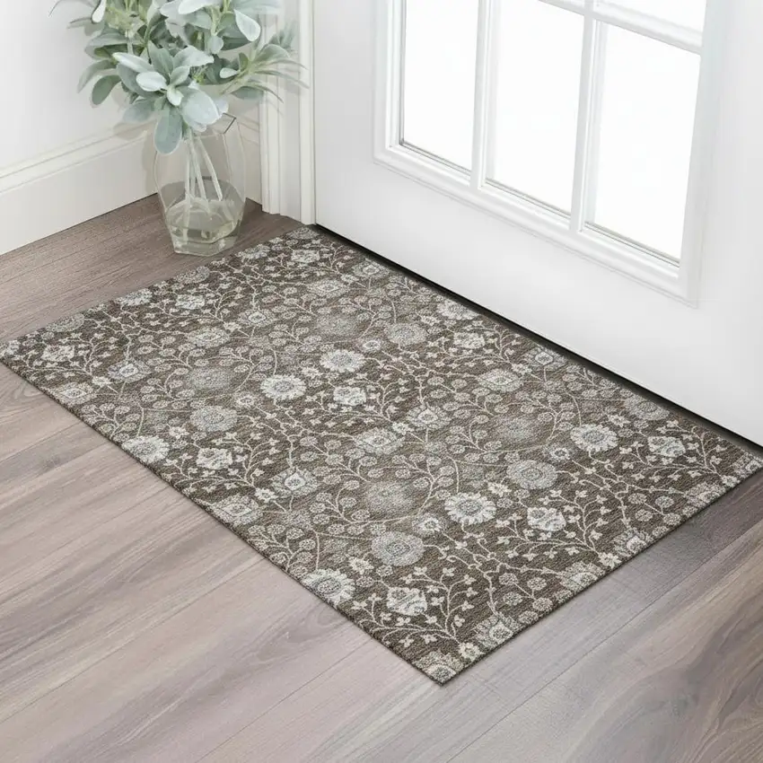 Chocolate Beige And Gray Floral Washable Area Rug With UV Protection Photo 2
