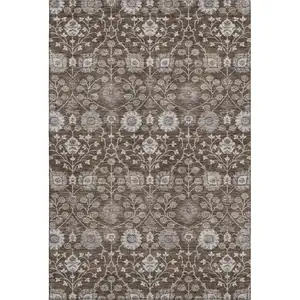 Photo of Chocolate Beige And Gray Floral Washable Area Rug With UV Protection