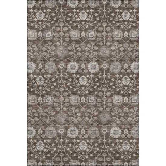 Chocolate Beige And Gray Floral Washable Area Rug With UV Protection Photo 1
