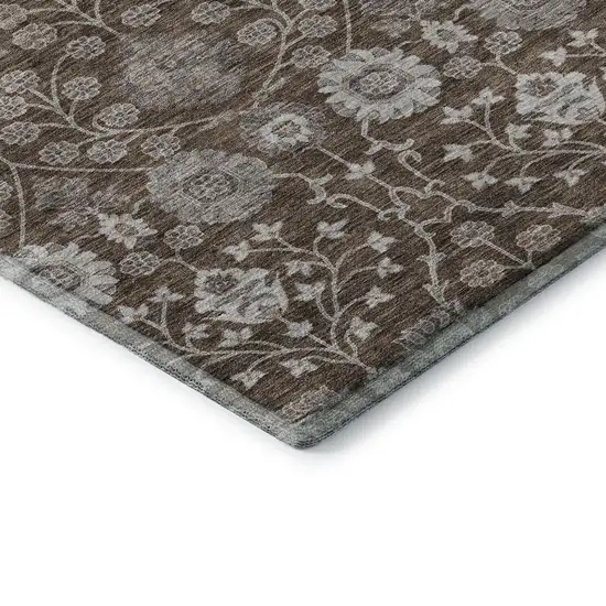 Chocolate Beige And Gray Floral Washable Area Rug With UV Protection Photo 7