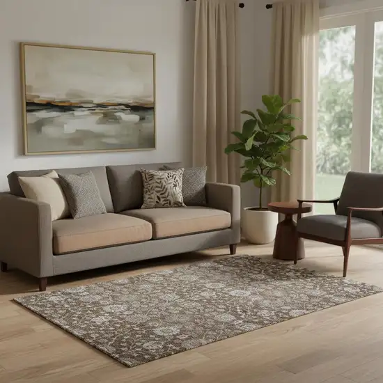Chocolate Beige And Gray Floral Washable Area Rug With UV Protection Photo 2