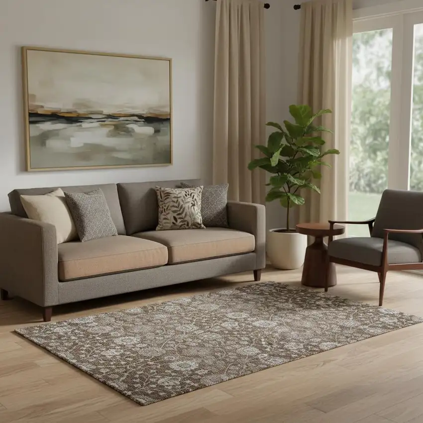 Chocolate Beige And Gray Floral Washable Area Rug With UV Protection Photo 2