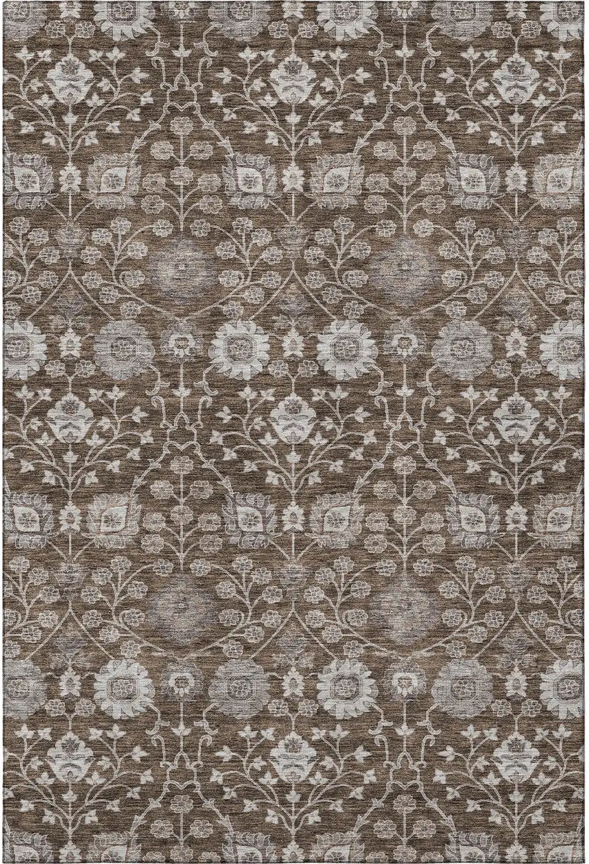 Chocolate Beige And Gray Floral Washable Area Rug With UV Protection Photo 3