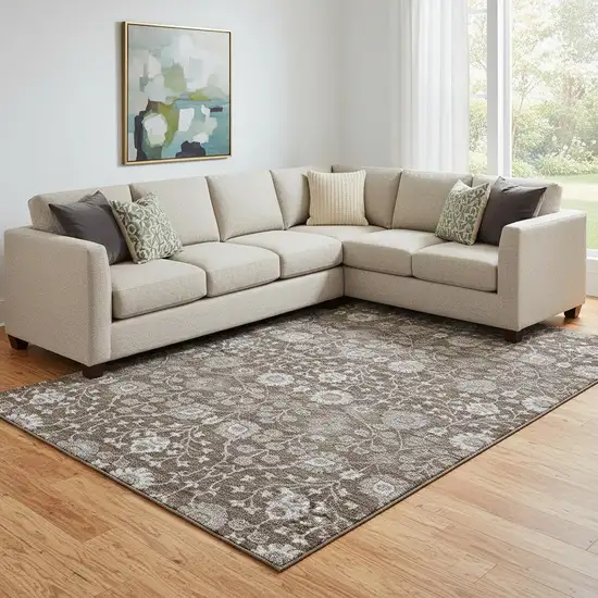 Chocolate Beige And Gray Floral Washable Area Rug With UV Protection Photo 2