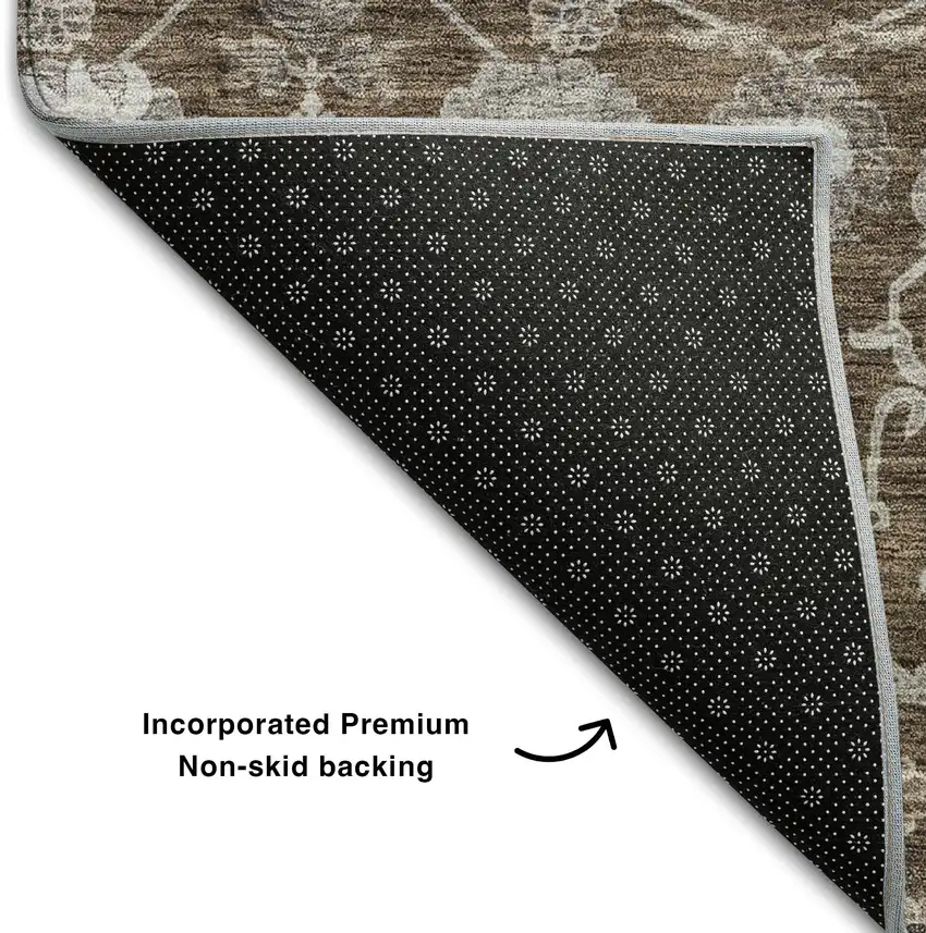 Chocolate Beige And Gray Floral Washable Area Rug With UV Protection Photo 6