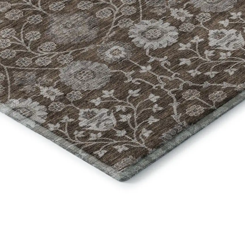 Chocolate Beige And Gray Floral Washable Area Rug With UV Protection Photo 7