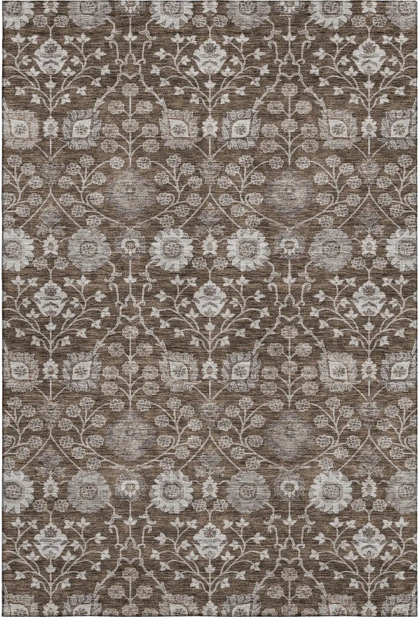 Chocolate Beige And Gray Floral Washable Area Rug With UV Protection Photo 1