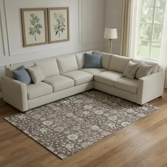 Chocolate Beige And Gray Floral Washable Area Rug With UV Protection Photo 2