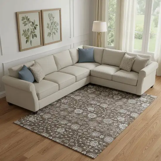 Chocolate Beige And Gray Floral Washable Area Rug With UV Protection Photo 2