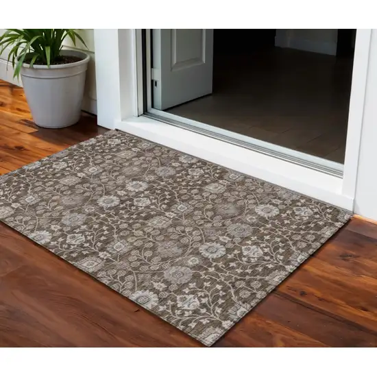 Chocolate Beige And Gray Floral Washable Indoor Outdoor Area Rug Photo 1