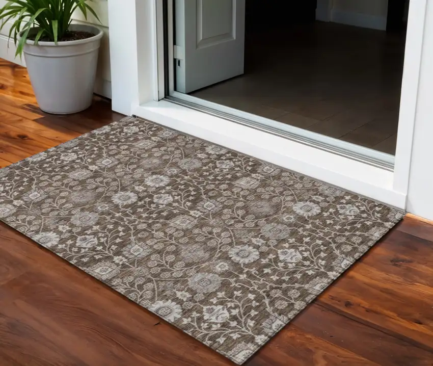 Chocolate Beige And Gray Floral Washable Indoor Outdoor Area Rug Photo 1