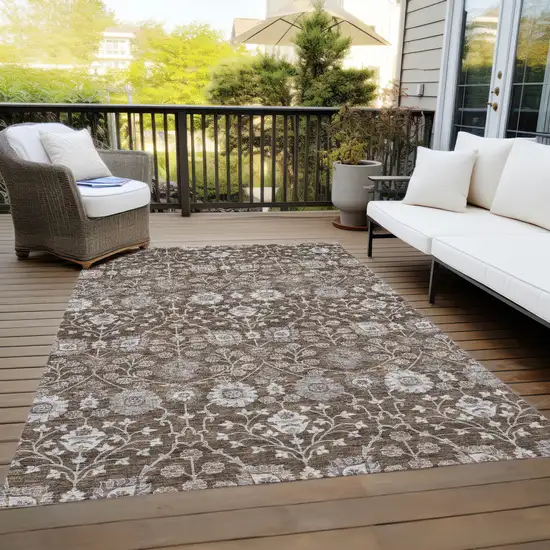 Chocolate Beige And Gray Floral Washable Indoor Outdoor Area Rug Photo 9
