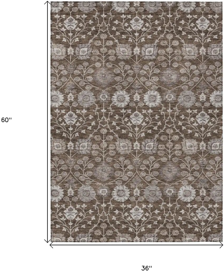 Chocolate Beige And Gray Floral Washable Indoor Outdoor Area Rug Photo 6