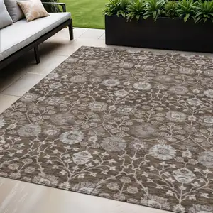 Photo of Chocolate Beige And Gray Floral Washable Indoor Outdoor Area Rug