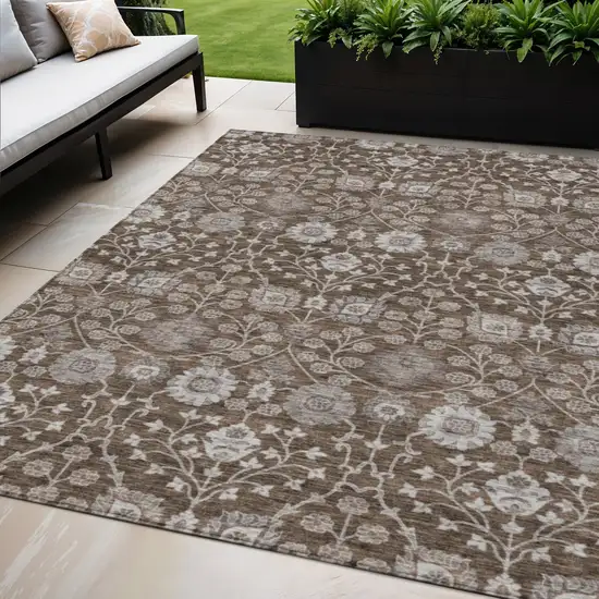 Chocolate Beige And Gray Floral Washable Indoor Outdoor Area Rug Photo 1