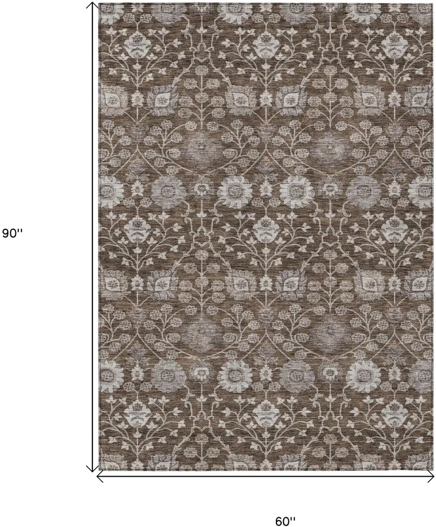Chocolate Beige And Gray Floral Washable Indoor Outdoor Area Rug Photo 7