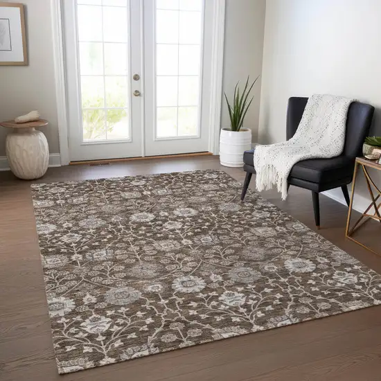 Chocolate Beige And Gray Floral Washable Indoor Outdoor Area Rug Photo 8