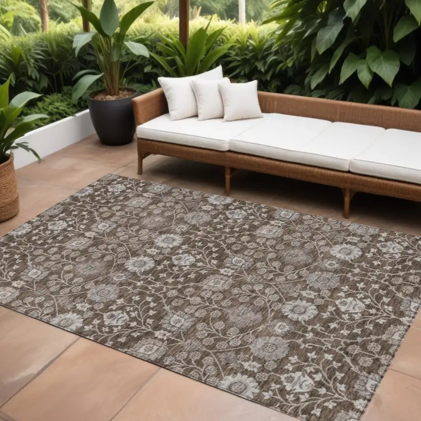 Chocolate Beige And Gray Floral Washable Indoor Outdoor Area Rug Photo 1