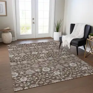 Photo of Chocolate Beige And Gray Floral Washable Indoor Outdoor Area Rug