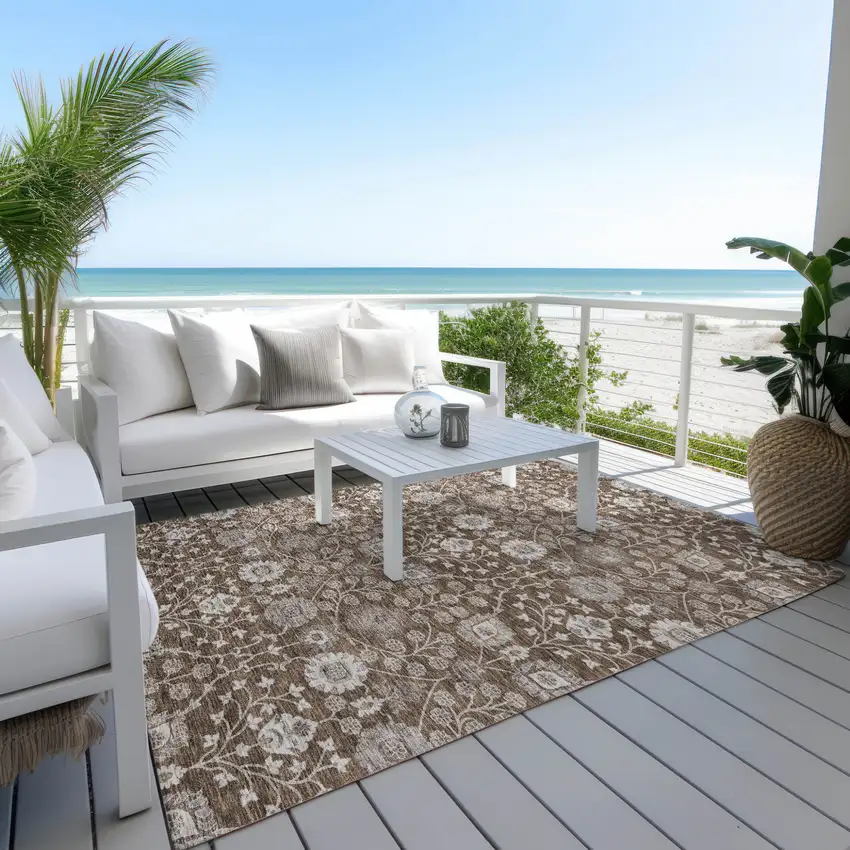 Chocolate Beige And Gray Floral Washable Indoor Outdoor Area Rug Photo 7